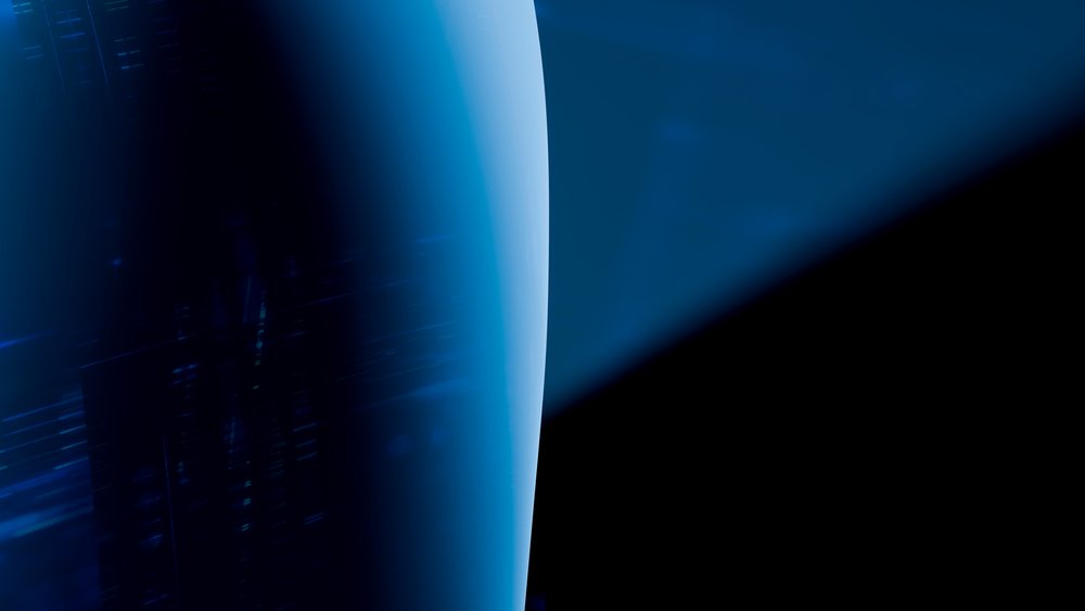 Blue light reflects off a glossy curved surface against a dark background in a digital abstract illustration.