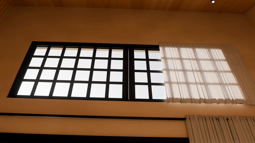 Interior room features a window with a grid of square panes partially covered by a sheer curtain, wood ceiling with recessed light.