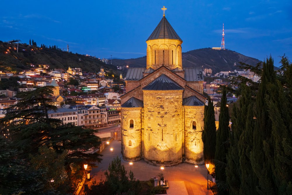 Metekhi Church illuminated at night, Tbilisi, Georgia.