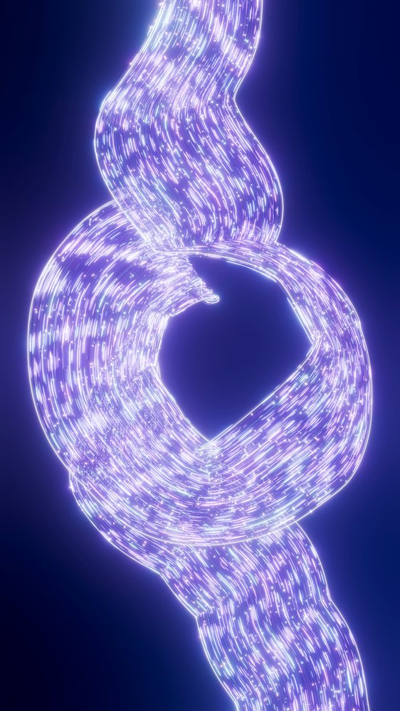 Glowing light ribbons spiral and twist against a dark blue background in an abstract digital illustration.
