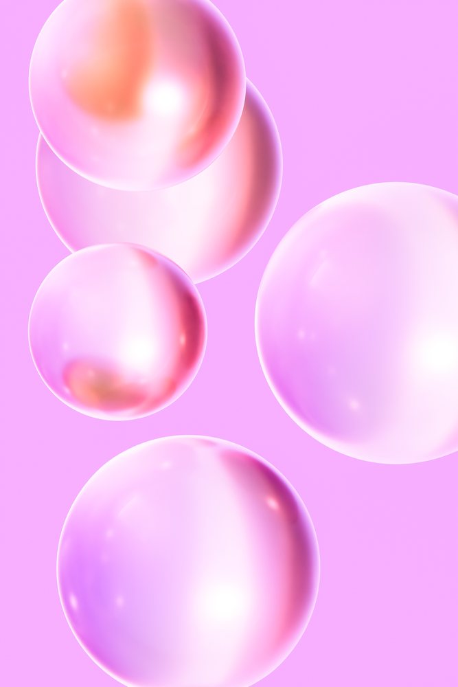 Pink transparent bubbles with glossy reflections float against a pink background in a digital abstract scene.