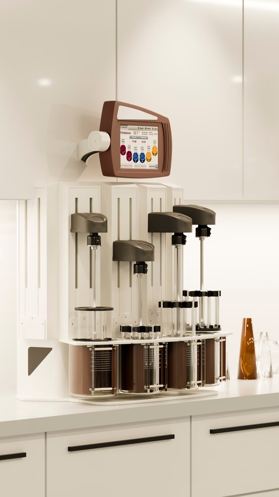 Chemical analyzer with multiple automatic dispensers on a white laboratory counter in a clean sterile setting.