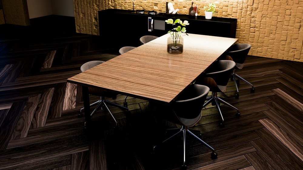 Conference table with office chairs in modern meeting room interior.