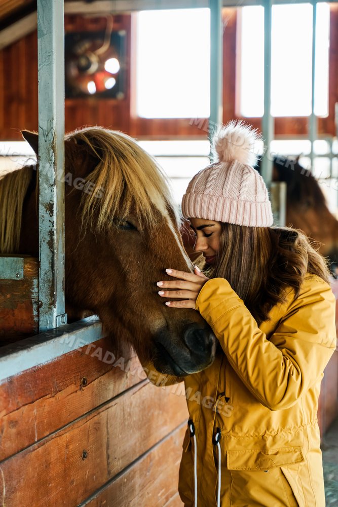 A white woman gently pets a horse inside a stable in Iceland