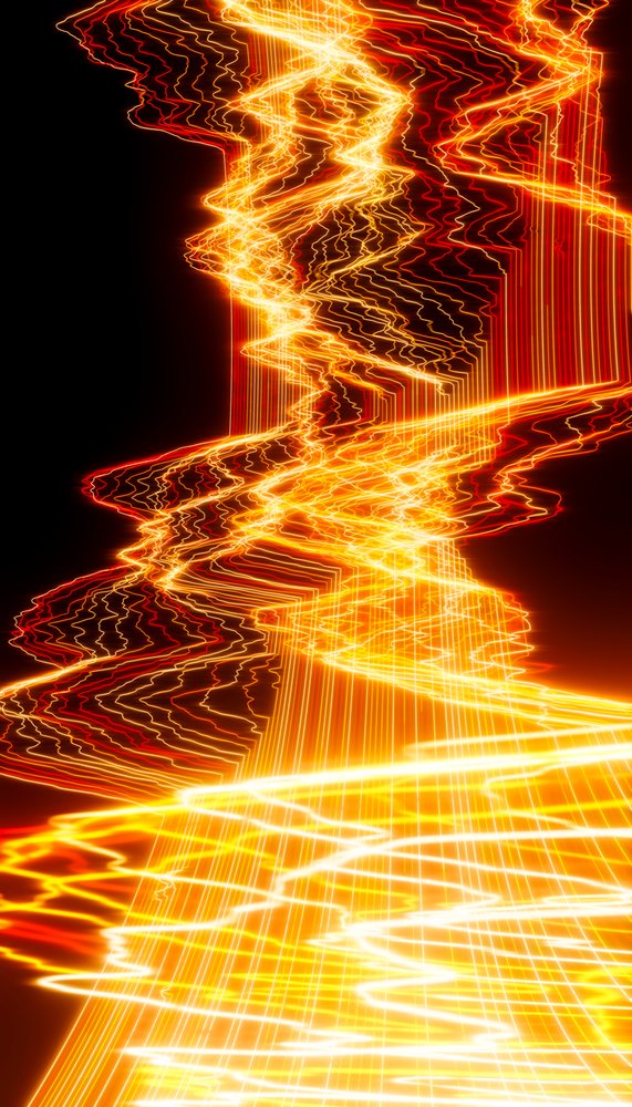 Light trails with vibrant orange and red glowing lines creating an abstract energy pattern on a black background.