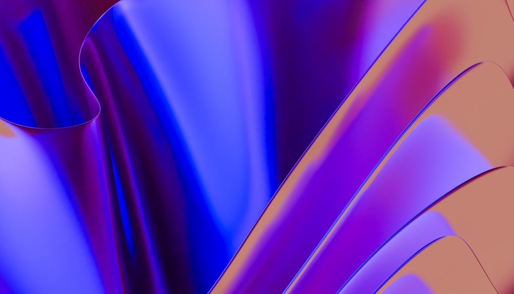 Abstract smooth curved shapes in blue, purple, and orange colors form a vibrant digital render background.