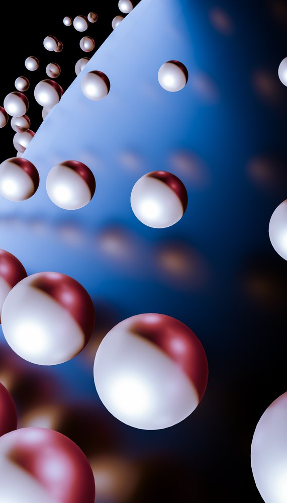 Abstract 3D rendering of floating red and white spheres with reflections and shadows against a blue gradient background.