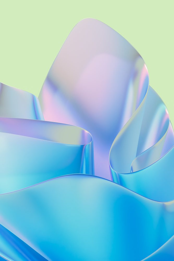 Blue and purple curved ribbon waves with light reflections on a soft green background.