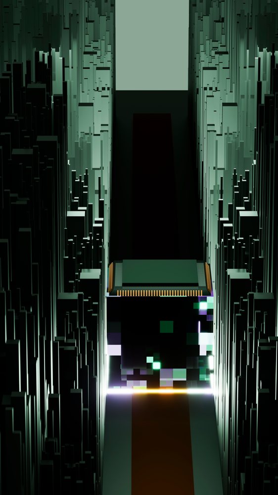 Memory module installed between two circuit boards with glowing pixelated lights in a digital technology illustration.