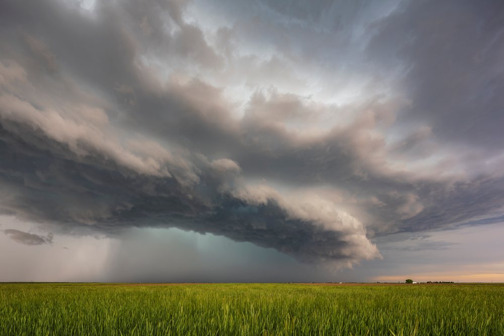 Supercell storm forming over green fields, observed during storm chasing in Tornado Alley, Carpenter, Wyoming, USA.