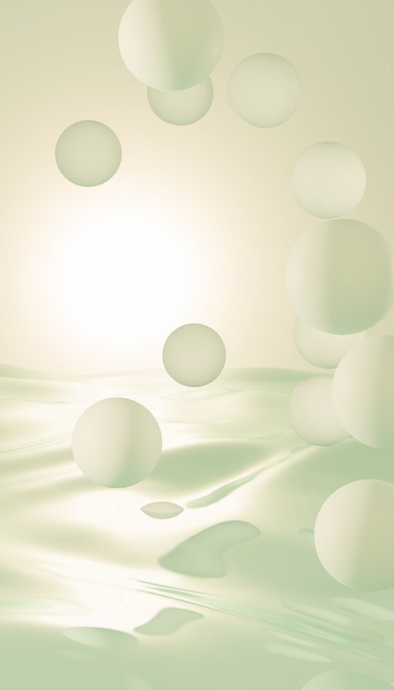 Abstract digital rendering showing glowing cream-colored spheres floating above a soft, smooth reflective surface with ambient lighting, abstract render background.