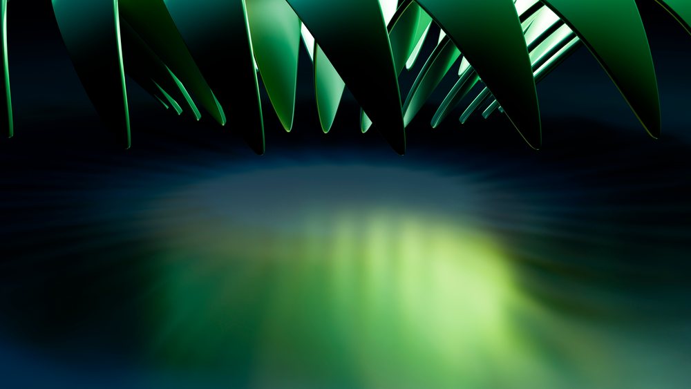 Abstract digital illustration featuring green stylized leaves with reflection and gradient lighting on a dark background.