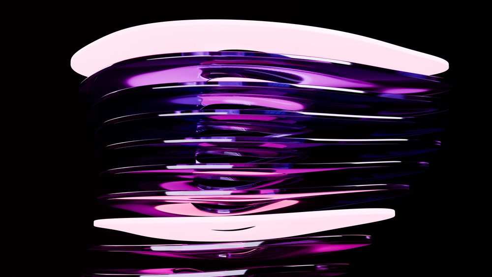 Glossy purple and black abstract spiral with reflective curved loops on a dark background.