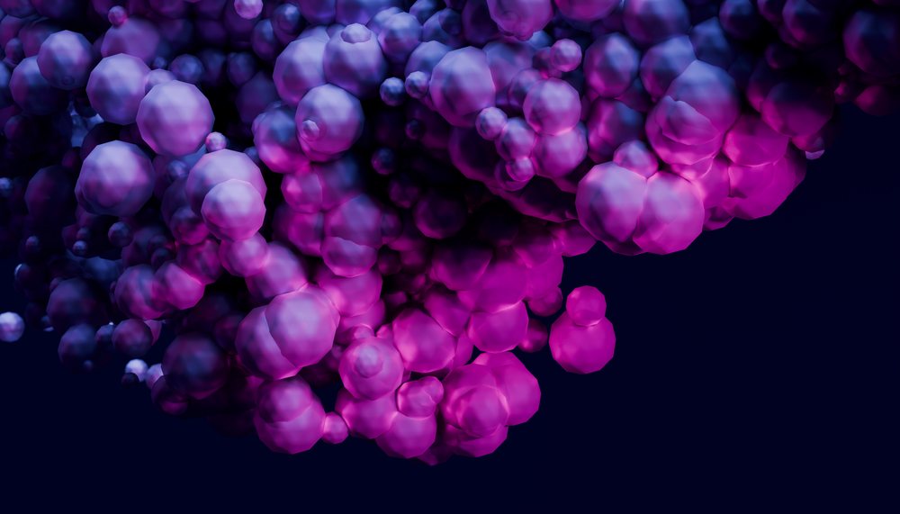 3d rendered cluster of purple and blue spheres forming molecular
