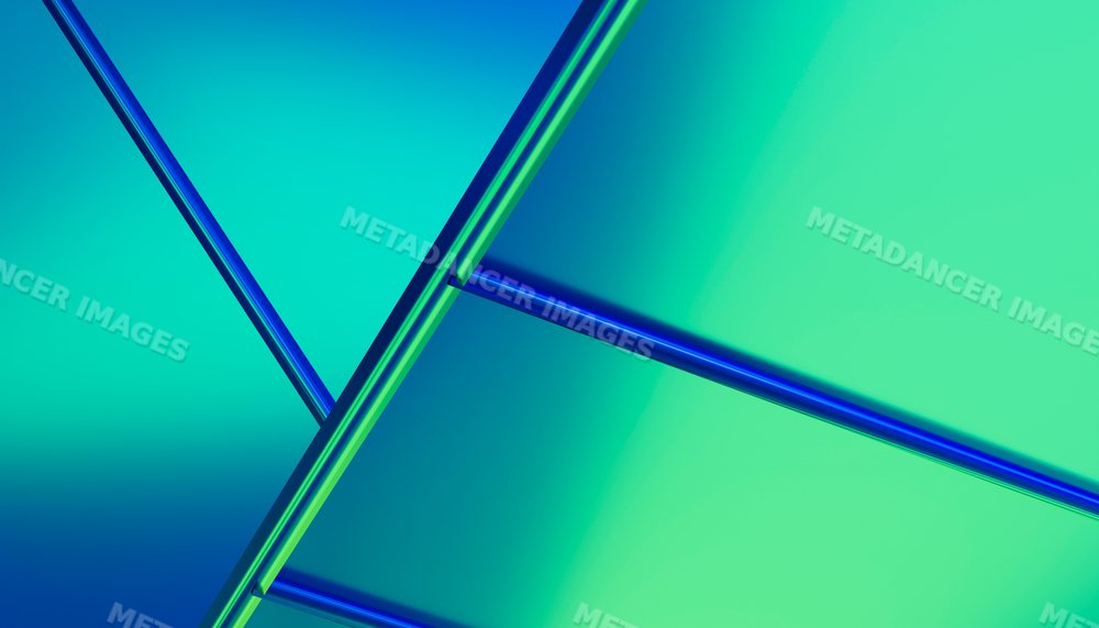 Digital rendering of abstract overlapping blue and green geometric