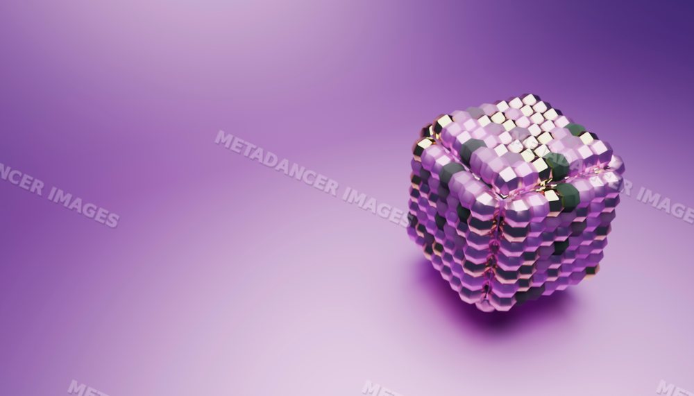 3d rendered abstract purple and metallic cube with geometric design