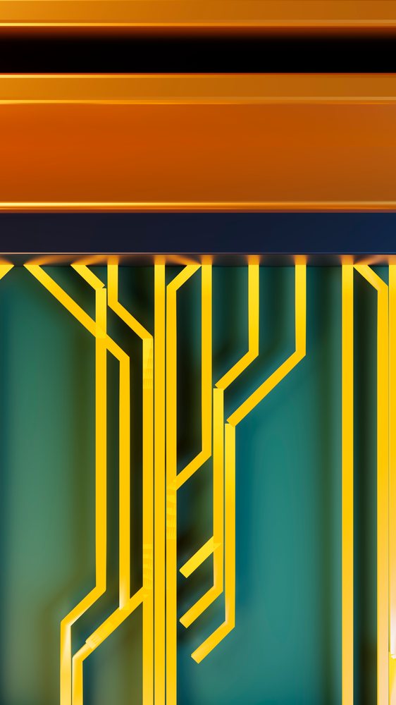 Abstract digital illustration featuring yellow geometric lines and an orange bar on a green background.