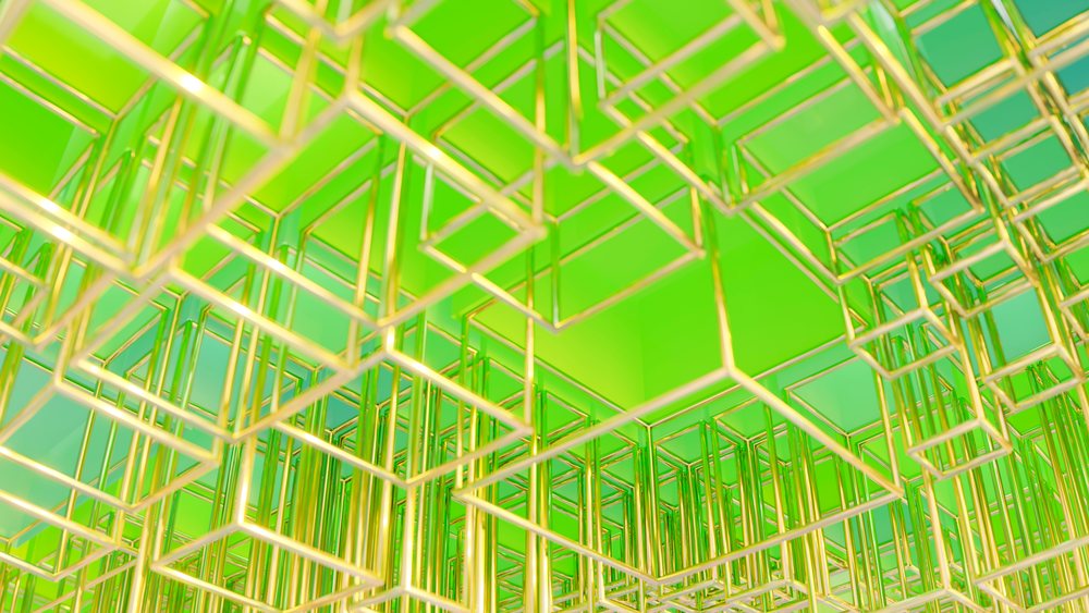 Golden wireframe cubes forming an abstract geometric structure against a bright green background.