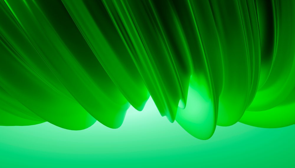 Digital illustration of green abstract shapes with flowing curves and glowing light on a bright green background.