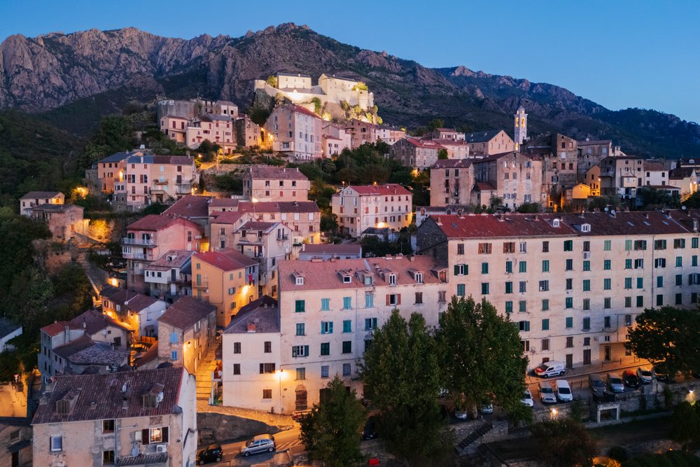 Town of Corté on a hillside at Dawn, Travel Photography, Corsica, France.