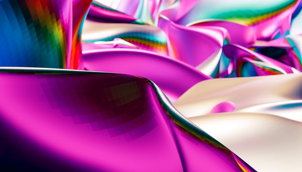 Digital abstract 3D artwork featuring colorful, smooth, curved shapes with vibrant purple and pink tones.