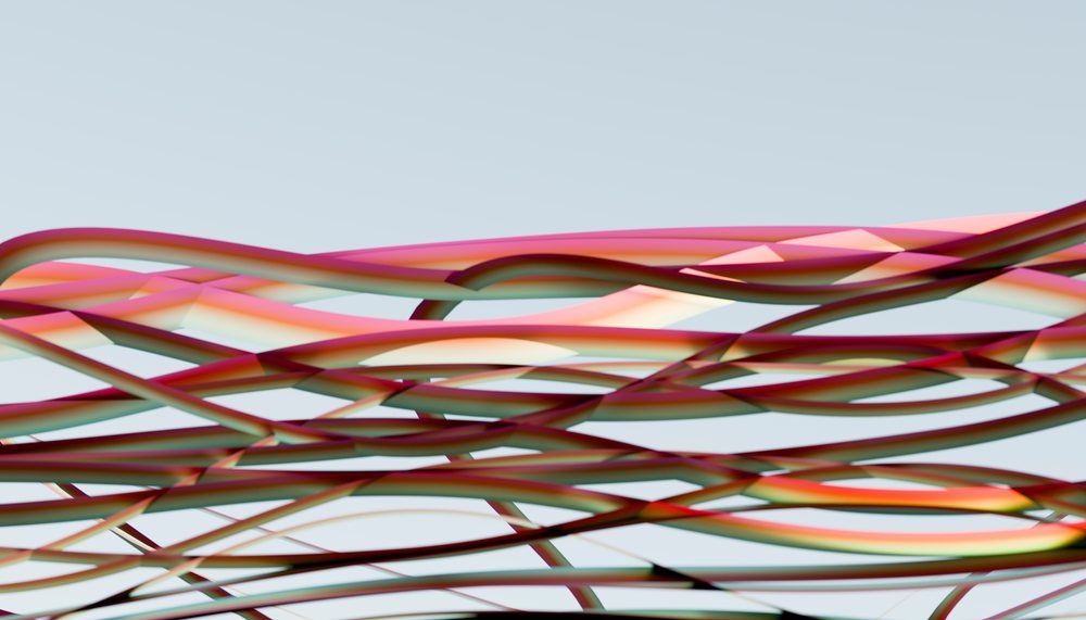 Abstract digital art featuring colorful, overlapping translucent lines against a pale background.