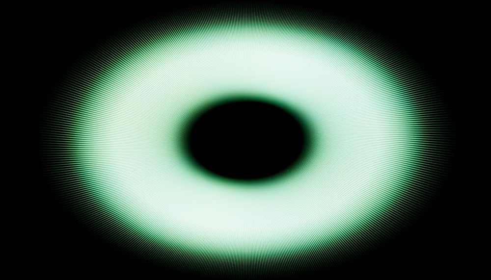 Green glowing circular ring with radiating light rays and a black center against a dark abstract background.