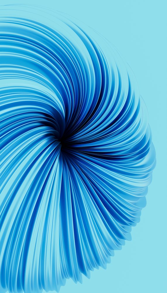 Blue abstract spiral shape with curved folds in digital art style on light blue background.