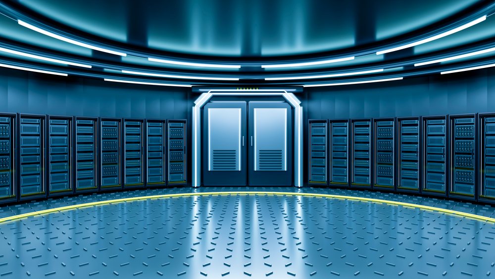 Futuristic data center interior featuring server racks along curved walls and blue-illuminated doors beneath linear ceiling lights.