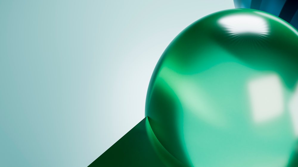Green spherical 3D object with smooth reflective surface on gradient background.