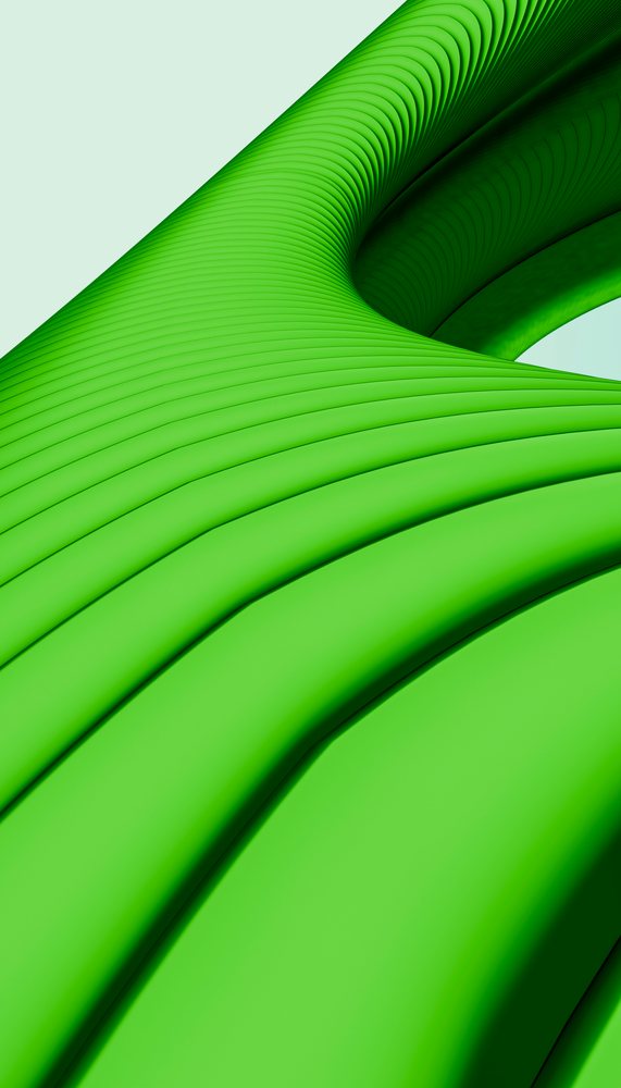 Green curved smooth abstract structure with flowing lines and form against a pale background.