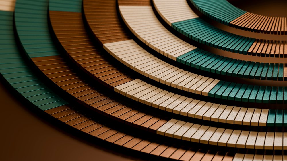 Close-up of concentric circular segments composed of textured green, beige, and brown rectangular blocks arranged in a geometric repetitive pattern.