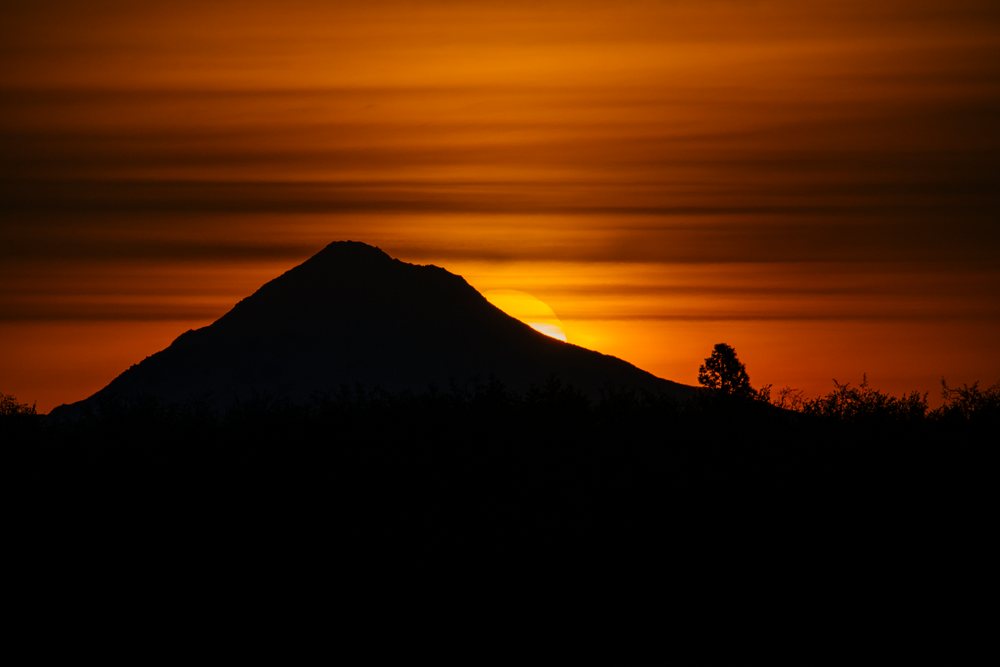 Mountain silhouette at sunset with a glowing orange sky and a tree silhouette near the horizon, USA.