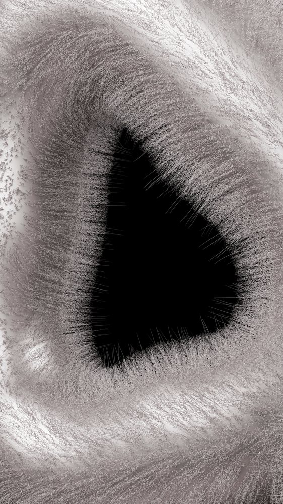 Abstract digital illustration of a swirling black shape.