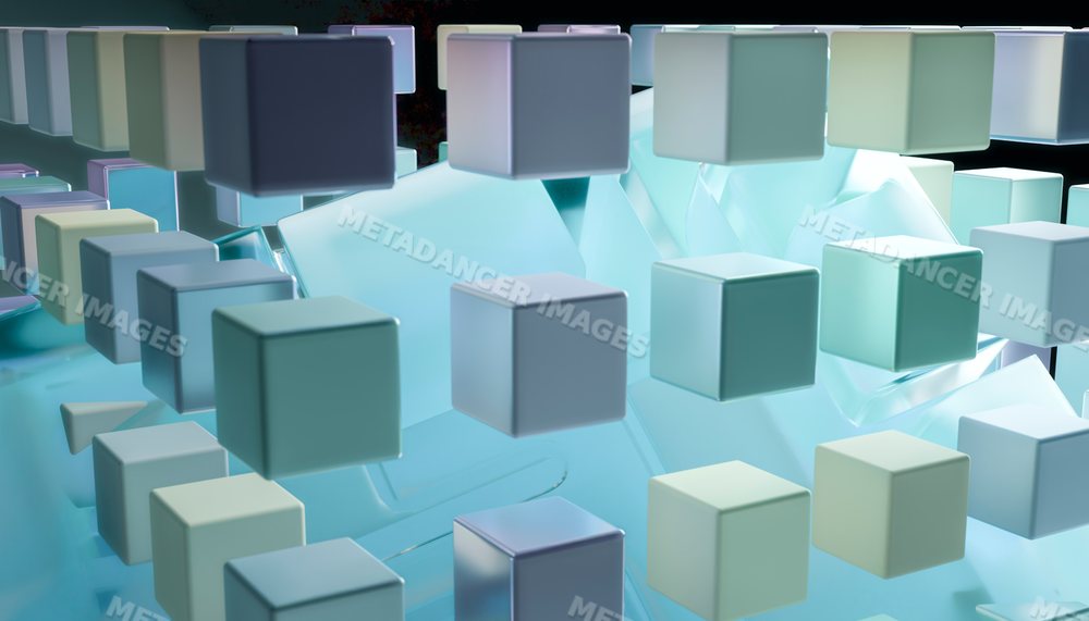 Abstract digital rendering of floating blue cubes in 3d space