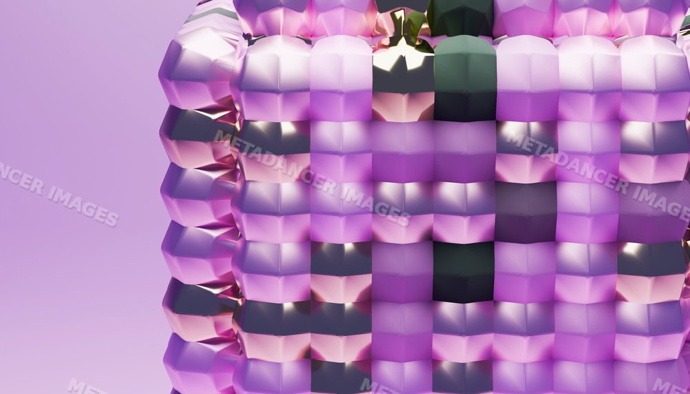 3d rendering of an abstract sculpture with reflective purple blocks