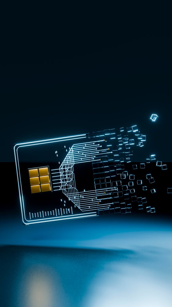 Glowing digital microchip with blue circuit lines dispersing small cubes on a dark blue background.