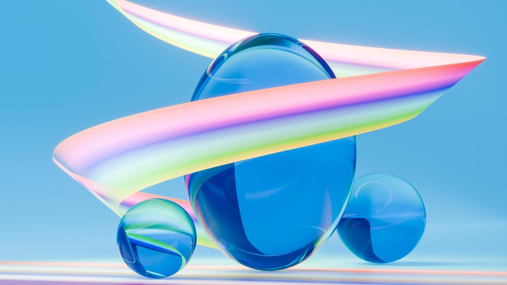 Transparent blue glass spheres in various sizes swirl with colorful rainbow ribbons in a digital 3D illustration on a blue background.
