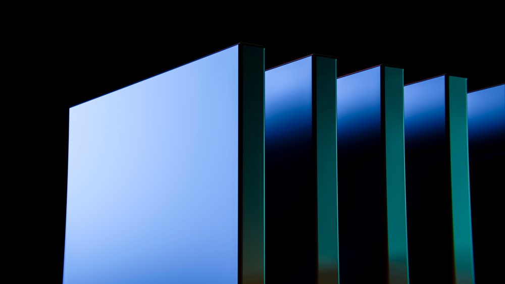 Blue vertical panels arranged in a row against a dark background in an abstract digital illustration by Garduna studio.