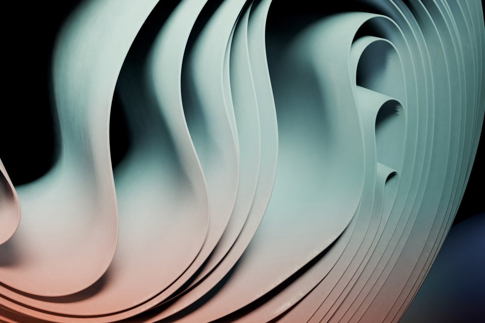 Abstract render of smooth curved layered shapes with a soft blue and pink gradient in a studio setting.