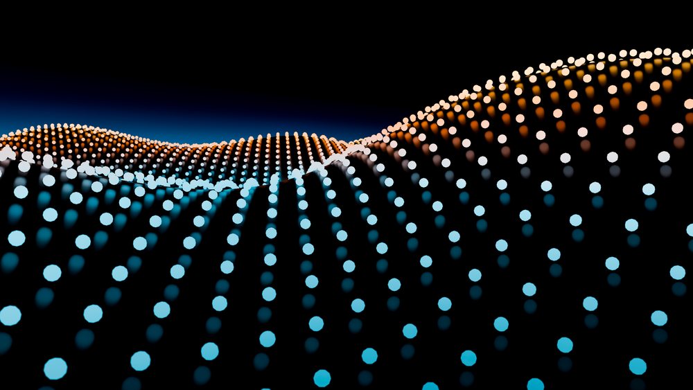 3d digital wave pattern with blue and orange dots on black background