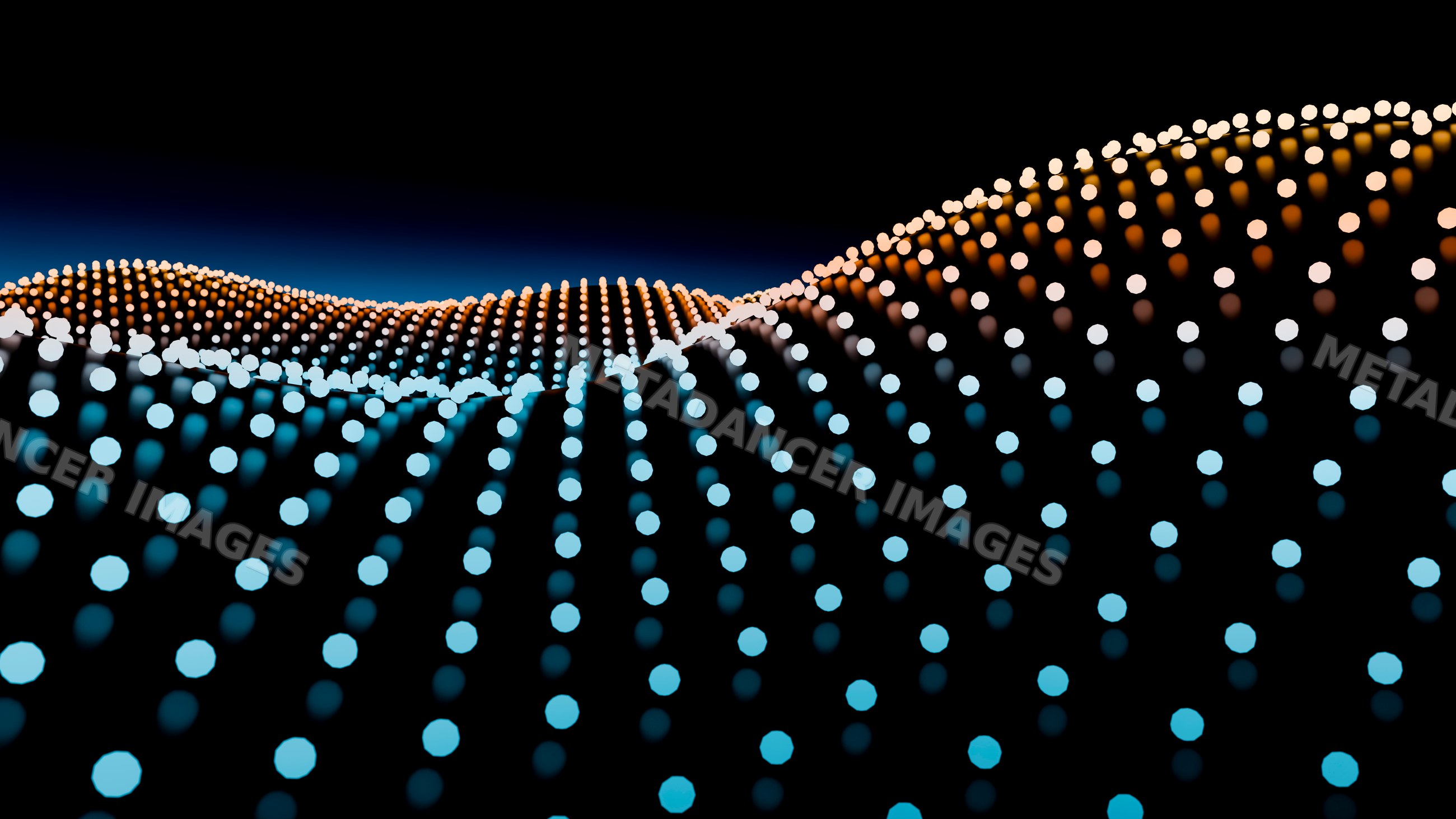 3d digital wave pattern with blue and orange dots on black background
