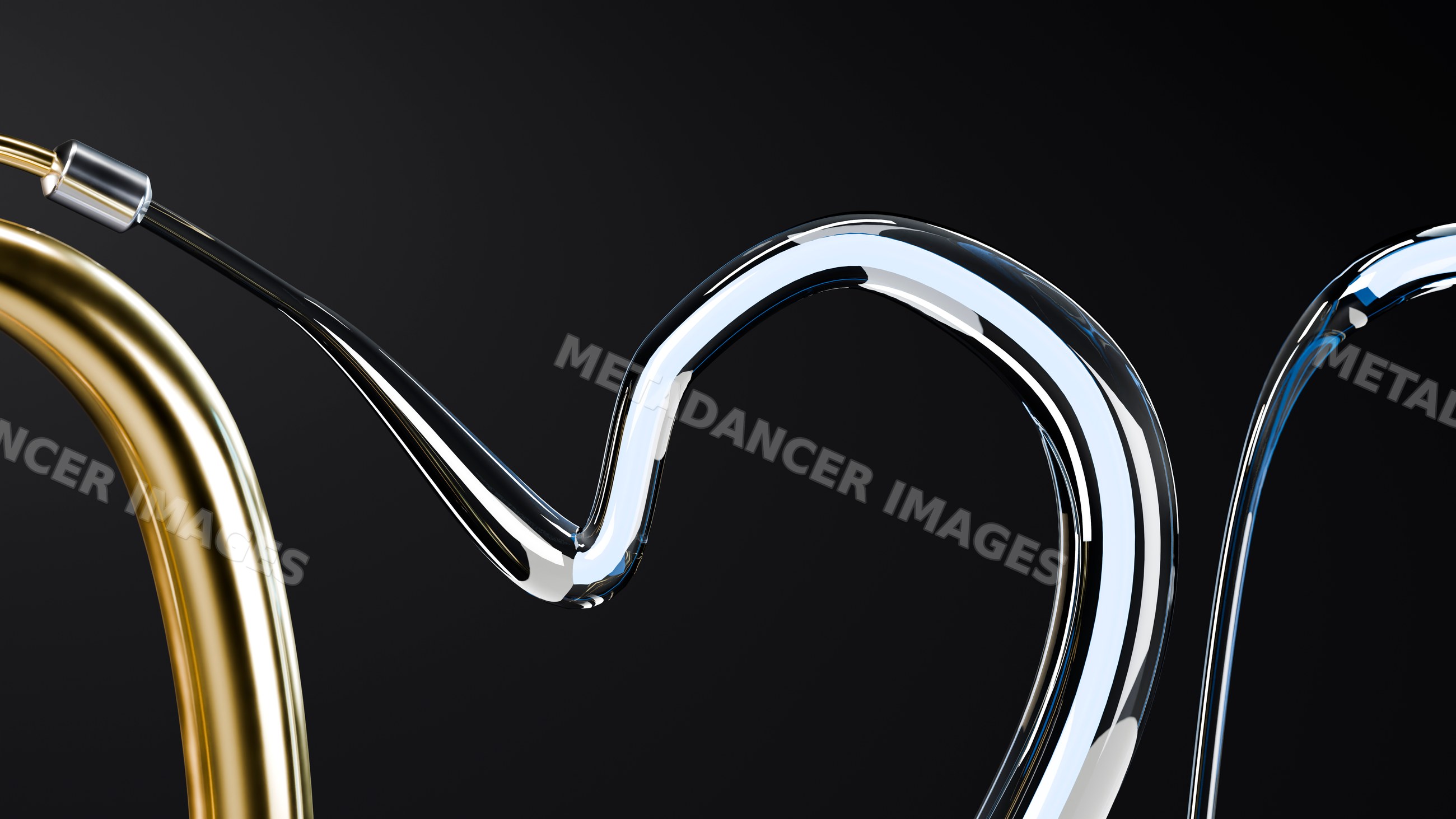 Curved stainless steel and gold metal tubes against black background
