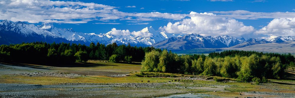 Mountain range with snow-covered peaks and dense forest landscape
