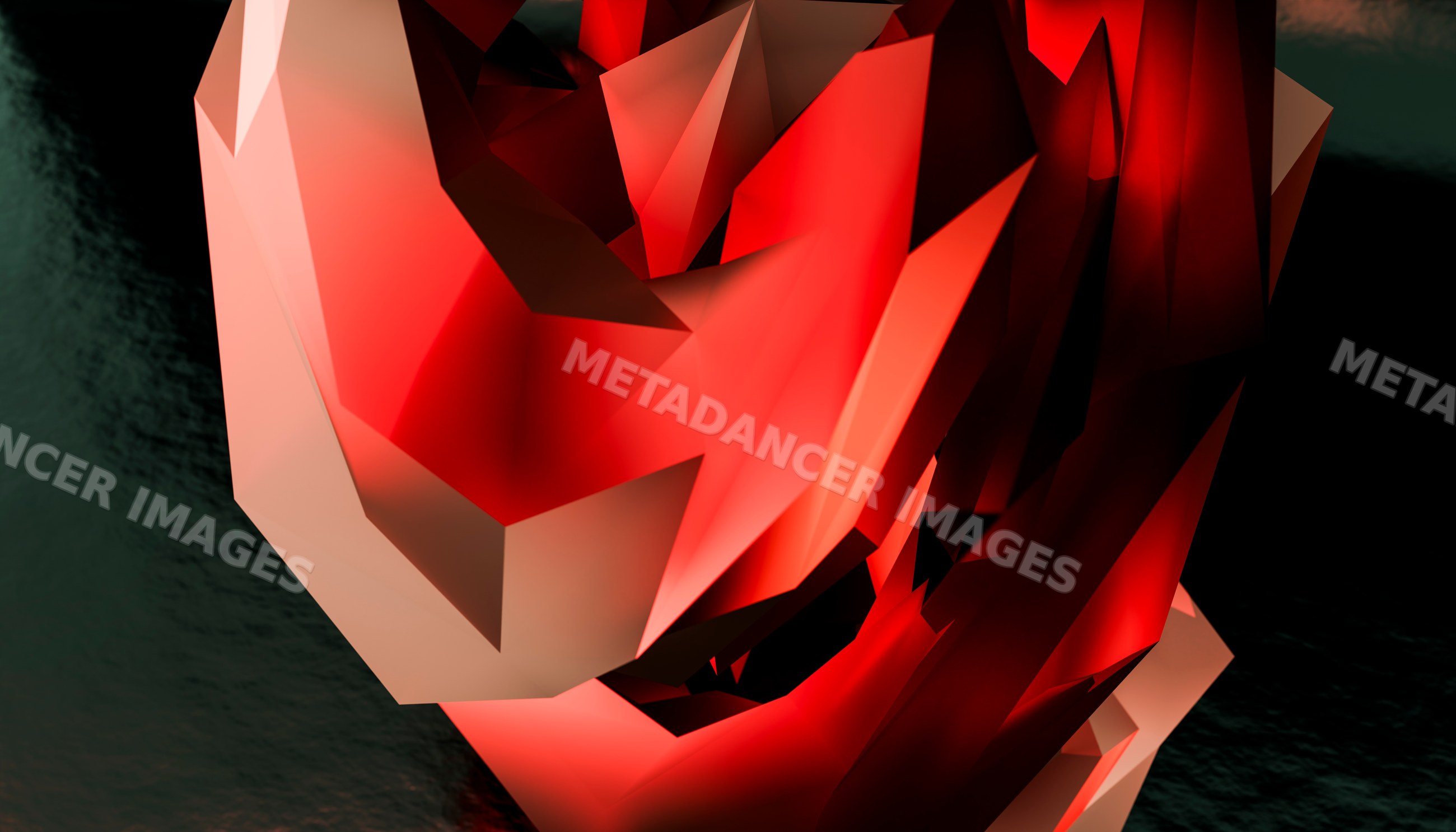 Red polygonal abstract sculpture with geometric faceted shapes