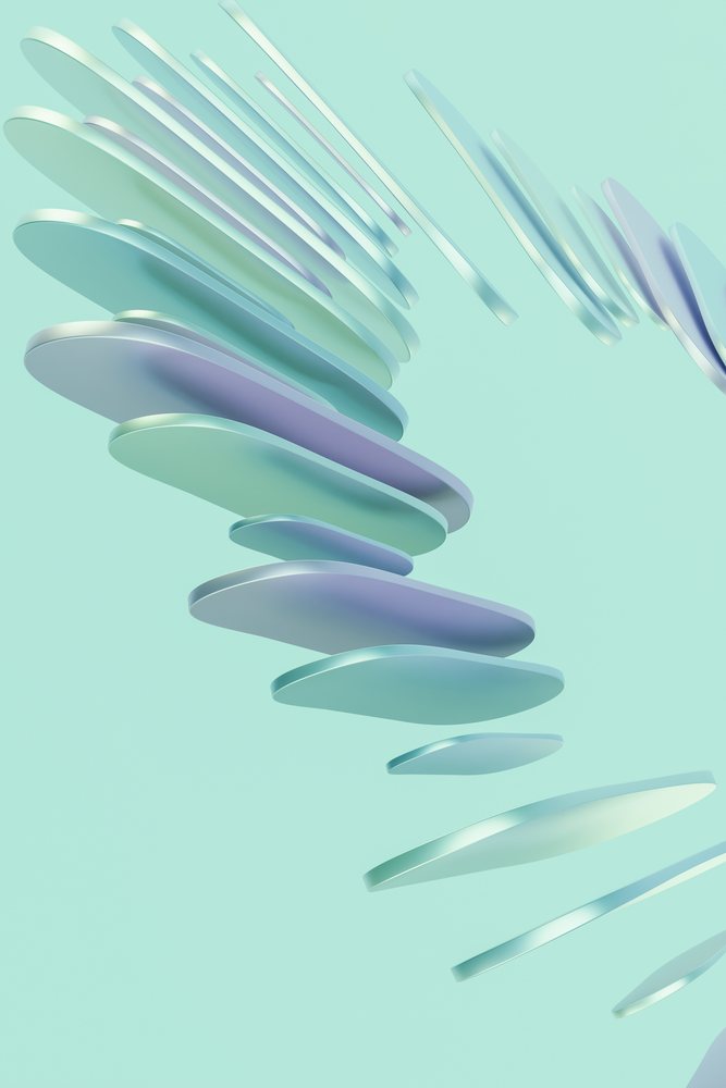 Digital 3d render featuring floating abstract curved shapes on blue
