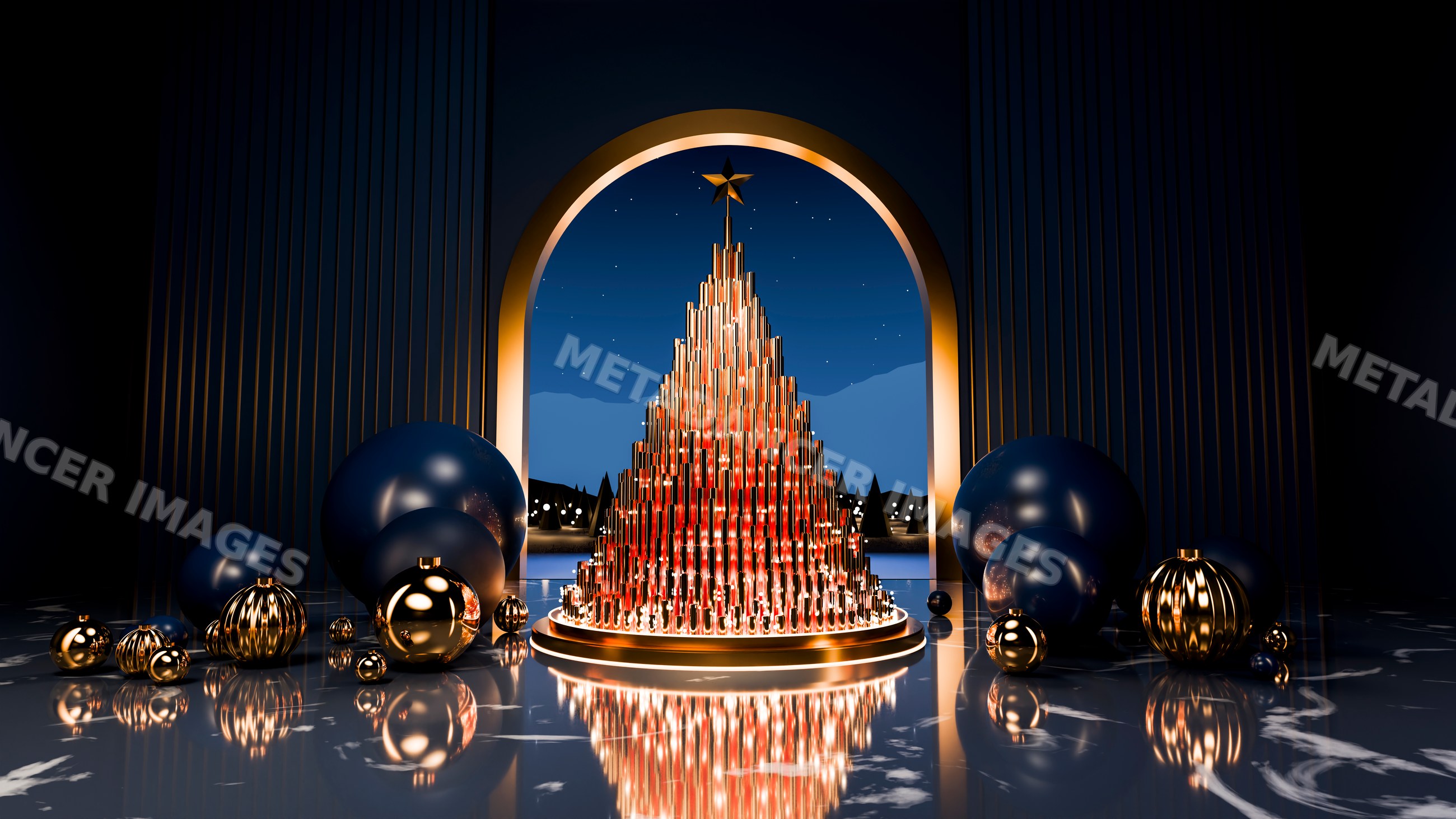 Modern christmas tree with gold star and decorative spheres in archway