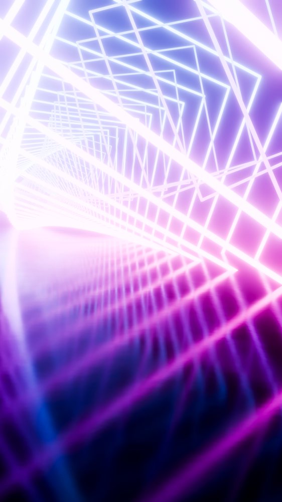 Neon light tunnel with glowing purple and blue geometric lines