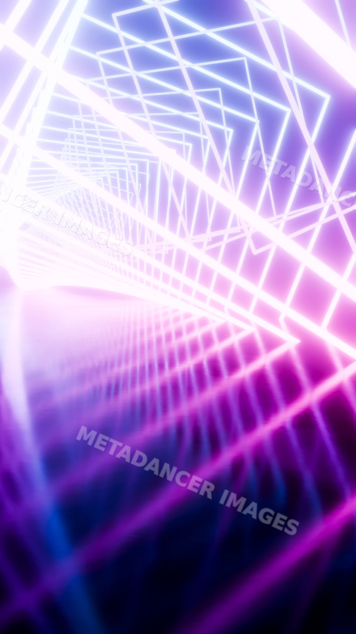 Neon light tunnel with glowing purple and blue geometric lines