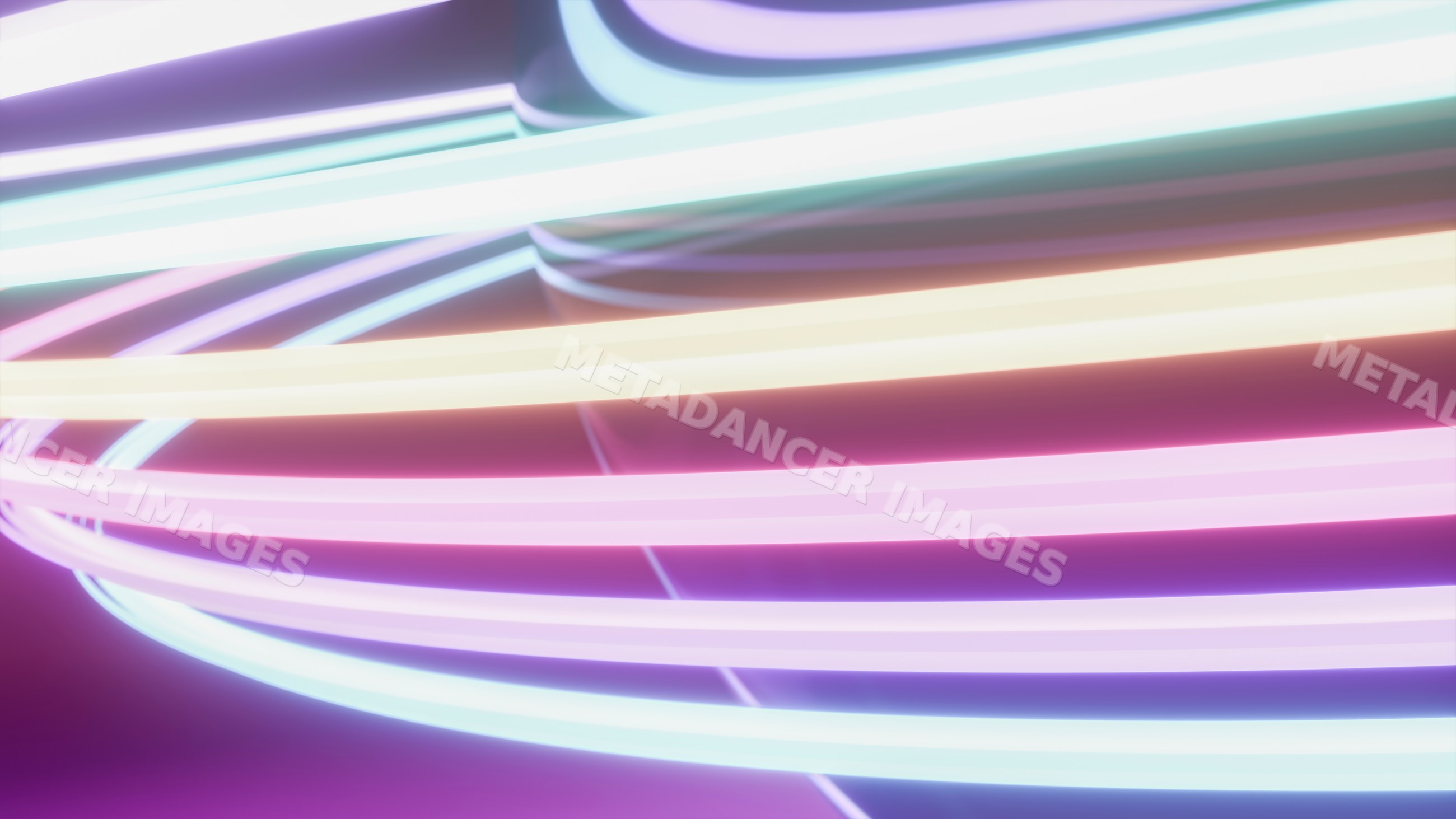 Curved neon light tubes glowing in vibrant colors on purple background